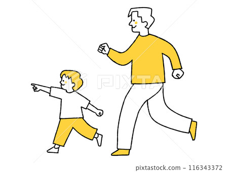 A father runs with a child who points A father runs with a child who points 116343372