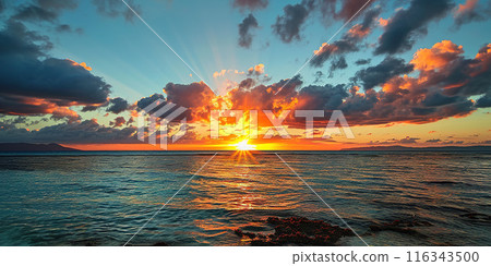 Calm Sea sunset landscape. Purple, pink, orange fiery golden hour evening sky in the horizon. Mindfulness, meditation, calmness, serenity, relaxation concept wallpaper background Calm Sea sunset landscape. Purple, pink, orange fiery golden hour evening sky in the horizon. Mindfulness, meditation, calmness, serenity, relaxation concept wallpaper background 116343500