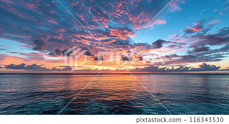 Calm Sea sunset landscape. Purple, pink, orange fiery golden hour evening sky in the horizon. Mindfulness, meditation, calmness, serenity, relaxation concept wallpaper background 116343530