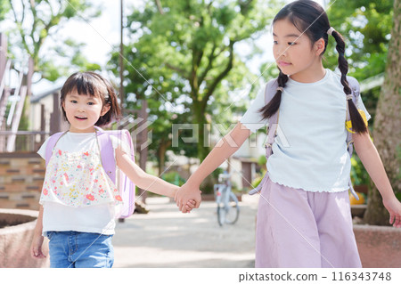 小學生背著書包步行上下學 小學生背著書包步行上下學 116343748