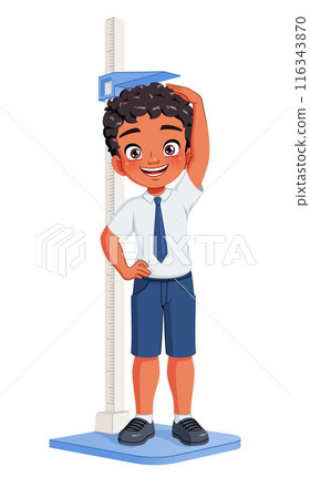 Little Indian boy measuring his height with a stadiometer. Cartoon vector illustration. 116343870
