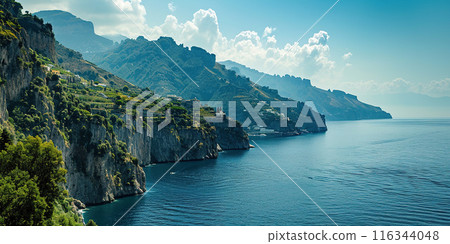 Amalfi coast coastline in Sorrentine Peninsula, Campania region, Italy. Holiday destination shoreline with hills, beaches, and cliffs, sea view, blue sky day wallpaper background 116344048