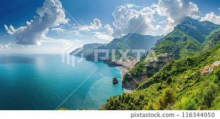 Amalfi coast coastline in Sorrentine Peninsula, Campania region, Italy. Holiday destination shoreline with hills, beaches, and cliffs, sea view, blue sky day wallpaper background 116344050