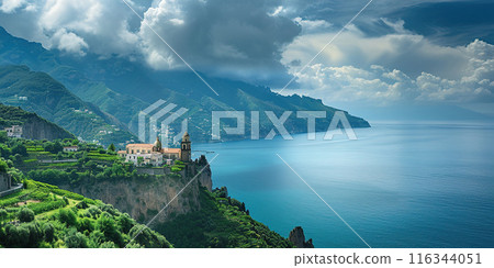 Amalfi coast coastline in Sorrentine Peninsula, Campania region, Italy. Holiday destination shoreline with hills, beaches, and cliffs, sea view, blue sky day wallpaper background 116344051