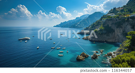 Amalfi coast coastline in Sorrentine Peninsula, Campania region, Italy. Holiday destination shoreline with hills, beaches, and cliffs, sea view, blue sky day wallpaper background 116344057