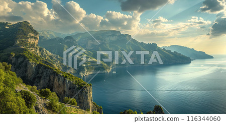Amalfi coast coastline in Sorrentine Peninsula, Campania region, Italy. Holiday destination shoreline with hills, beaches, and cliffs, sea view, blue sky day wallpaper background 116344060