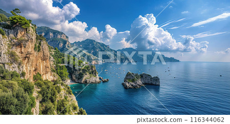Amalfi coast coastline in Sorrentine Peninsula, Campania region, Italy. Holiday destination shoreline with hills, beaches, and cliffs, sea view, blue sky day wallpaper background 116344062