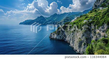 Amalfi coast coastline in Sorrentine Peninsula, Campania region, Italy. Holiday destination shoreline with hills, beaches, and cliffs, sea view, blue sky day wallpaper background 116344064