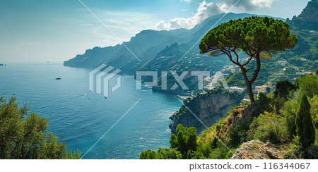 Amalfi coast coastline in Sorrentine Peninsula, Campania region, Italy. Holiday destination shoreline with hills, beaches, and cliffs, sea view, blue sky day wallpaper background 116344067