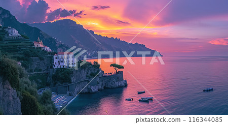 Amalfi coast coastline in Sorrentine Peninsula, Campania region, Italy. Holiday destination shoreline with hills, beaches, and cliffs, sea view, sunset golden hour wallpaper 116344085