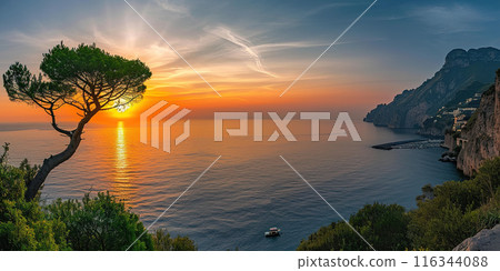 Amalfi coast coastline in Sorrentine Peninsula, Campania region, Italy. Holiday destination shoreline with hills, beaches, and cliffs, sea view, sunset golden hour wallpaper 116344088