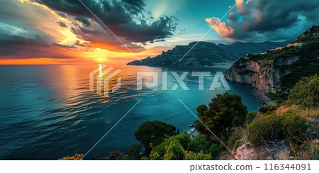 Amalfi coast coastline in Sorrentine Peninsula, Campania region, Italy. Holiday destination shoreline with hills, beaches, and cliffs, sea view, sunset golden hour wallpaper 116344091