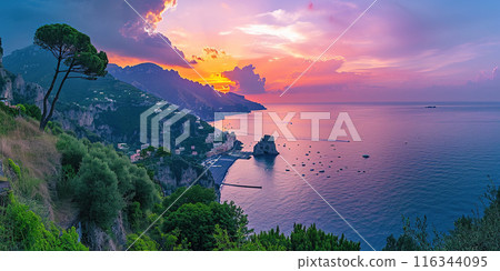 Amalfi coast coastline in Sorrentine Peninsula, Campania region, Italy. Holiday destination shoreline with hills, beaches, and cliffs, sea view, sunset golden hour wallpaper 116344095