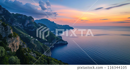 Amalfi coast coastline in Sorrentine Peninsula, Campania region, Italy. Holiday destination shoreline with hills, beaches, and cliffs, sea view, sunset golden hour wallpaper 116344105