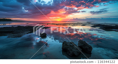 Great Barrier Reef on the coast of Queensland, Australia rocky beach seascape. Rocks and pebbles, purple and orange golden hour sunset evening sky horizon sea wallpaper background 116344122