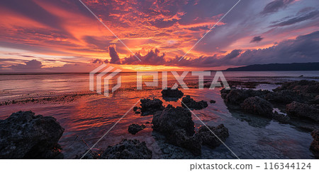 Great Barrier Reef on the coast of Queensland, Australia rocky beach seascape. Rocks and pebbles, purple and orange golden hour sunset evening sky horizon sea wallpaper background 116344124