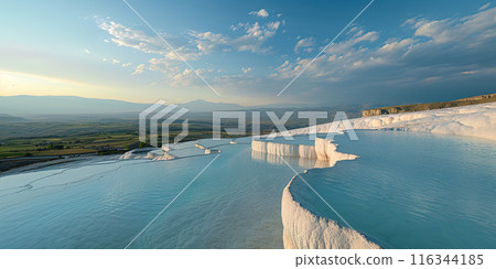Mineral rich baby blue thermal waters in white travertine terraces on a hillside in Pamukkale, Turkey. Outdoors spa in nature, travel destination, relaxation and calmness landscape background 116344185