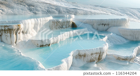 Mineral rich baby blue thermal waters in white travertine terraces on a hillside in Pamukkale, Turkey. Outdoors spa in nature, travel destination, relaxation and calmness landscape background 116344204