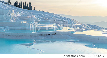 Mineral rich baby blue thermal waters in white travertine terraces on a hillside in Pamukkale, Turkey. Outdoors spa in nature, travel destination, relaxation and calmness landscape background 116344217