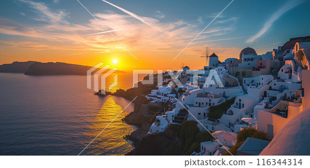 Santorini Thira island in southern Aegean Sea, Greece sunset. Fira and Oia town with white houses overlooking cliffs, beaches, and small islands panorama background wallpaper 116344314