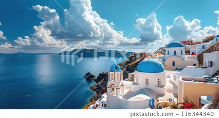 Santorini Thira island in southern Aegean Sea, Greece daytime. Fira and Oia town with white houses overlooking cliffs, beaches, and small islands panorama background wallpaper 116344340