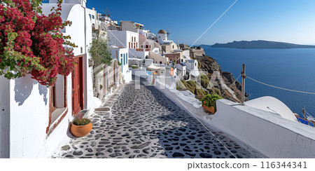 Santorini Thira island in southern Aegean Sea, Greece daytime. Fira and Oia town with white houses overlooking cliffs, beaches, and small islands panorama background wallpaper 116344341