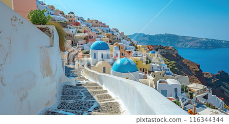 Santorini Thira island in southern Aegean Sea, Greece daytime. Fira and Oia town with white houses overlooking cliffs, beaches, and small islands panorama background wallpaper 116344344