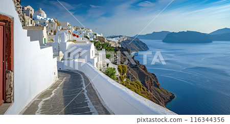 Santorini Thira island in southern Aegean Sea, Greece daytime. Fira and Oia town with white houses overlooking cliffs, beaches, and small islands panorama background wallpaper Santorini Thira island in southern Aegean Sea, Greece daytime. Fira and Oia town with white houses overlooking cliffs, beaches, and small islands panorama background wallpaper 116344356