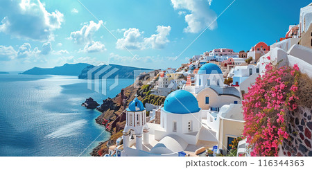 Santorini Thira island in southern Aegean Sea, Greece daytime. Fira and Oia town with white houses overlooking cliffs, beaches, and small islands panorama background wallpaper 116344363
