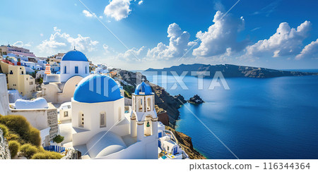 Santorini Thira island in southern Aegean Sea, Greece daytime. Fira and Oia town with white houses overlooking cliffs, beaches, and small islands panorama background wallpaper 116344364