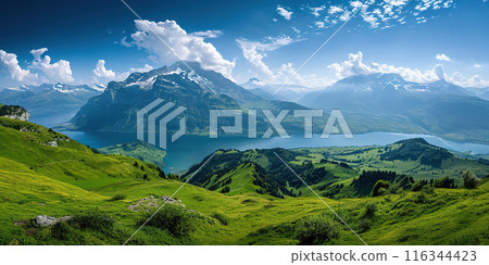 Swiss Alps mountain range with lush forest valleys and meadows, countryside in Switzerland landscape. Snowy mountain tops in the horizon, travel destination wallpaper background Swiss Alps mountain range with lush forest valleys and meadows, countryside in Switzerland landscape. Snowy mountain tops in the horizon, travel destination wallpaper background 116344423