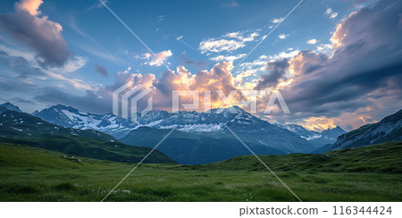 Swiss Alps mountain range with lush forest valleys and meadows, countryside in Switzerland landscape. Snowy mountain tops in the horizon, travel destination wallpaper background Swiss Alps mountain range with lush forest valleys and meadows, countryside in Switzerland landscape. Snowy mountain tops in the horizon, travel destination wallpaper background 116344424