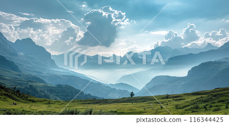 Swiss Alps mountain range with lush forest valleys and meadows, countryside in Switzerland landscape. Snowy mountain tops in the horizon, travel destination wallpaper background Swiss Alps mountain range with lush forest valleys and meadows, countryside in Switzerland landscape. Snowy mountain tops in the horizon, travel destination wallpaper background 116344425