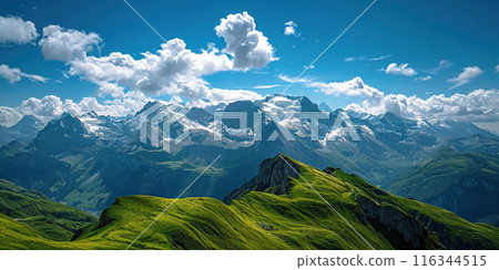 Swiss Alps mountain range with lush forest valleys and meadows, countryside in Switzerland landscape. Serene idyllic panorama, majestic nature, relaxation, calmness concept 116344515