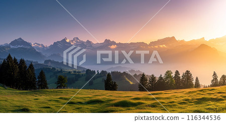 Swiss Alps snowy mountain range with valleys and meadows, Switzerland landscape. Golden hour sunset, serene idyllic panorama, majestic nature, relaxation, calmness concept 116344536