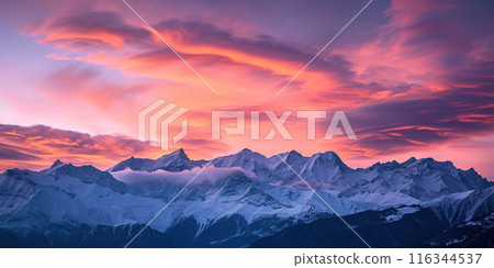 Swiss Alps snowy mountain range with valleys and meadows, Switzerland landscape. Golden hour sunset, serene idyllic panorama, majestic nature, relaxation, calmness concept Swiss Alps snowy mountain range with valleys and meadows, Switzerland landscape. Golden hour sunset, serene idyllic panorama, majestic nature, relaxation, calmness concept 116344537