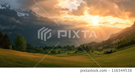 Swiss Alps snowy mountain range with valleys and meadows, Switzerland landscape. Golden hour sunset, serene idyllic panorama, majestic nature, relaxation, calmness concept 116344538
