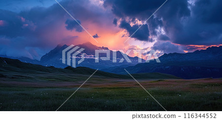 Swiss Alps snowy mountain range with valleys and meadows, Switzerland landscape. Golden hour sunset, serene idyllic panorama, majestic nature, relaxation, calmness concept Swiss Alps snowy mountain range with valleys and meadows, Switzerland landscape. Golden hour sunset, serene idyllic panorama, majestic nature, relaxation, calmness concept 116344552