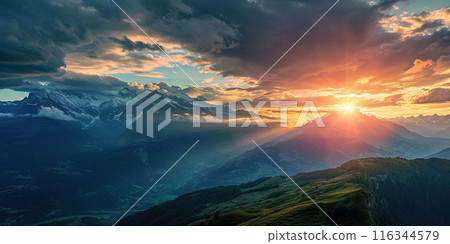 Swiss Alps snowy mountain range with valleys and meadows, countryside in Switzerland landscape. Golden hour majestic fiery sunset sky, travel destination wallpaper background 116344579