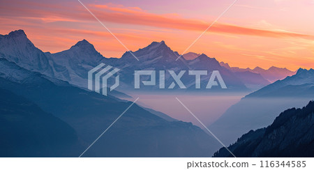 Swiss Alps snowy mountain range with valleys and meadows, countryside in Switzerland landscape. Golden hour majestic fiery sunset sky, travel destination wallpaper background 116344585