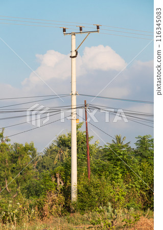 Cable construction on electric pole with sky background Cable construction on electric pole with sky background 116345083