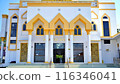 Bandung, Indonesia, June 20, 2024: Front of view mosque with golden and white color tone exterior 116346041