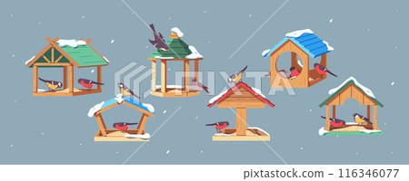 Birdfeeders with avian guests under snow 2D cartoon objects 116346077