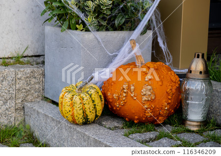 Exterior Beautiful cozy atmospheric halloween pumpkins decorated on porch. Autumn leaves and fall flowers holiday Thanksgiving October season outdoors in city 116346209