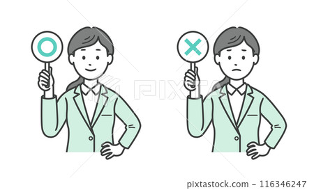 Upper body illustration of a female business man holding a circle or cross sign and putting her hand on her hip 116346247