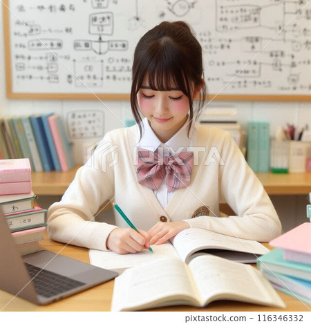 一個穿著制服的女孩在桌上努力學習 116346332