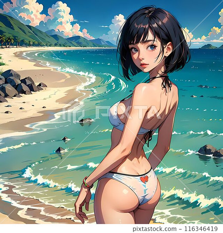 穿著泳衣的美麗女人看著海中的大海 116346419