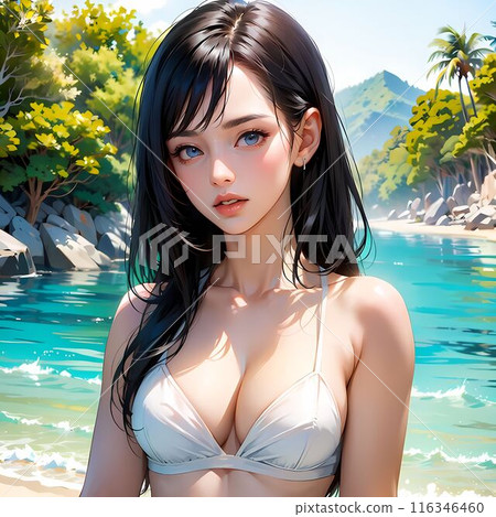 Young woman in white bikini swimsuit in the sea 116346460