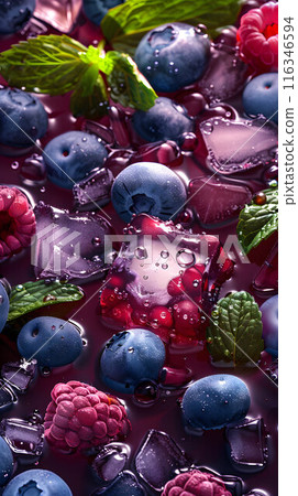 Fruity background with blueberries and raspberries in juice with ice cubes and mint leaves is an explosive taste of summer. 116346594