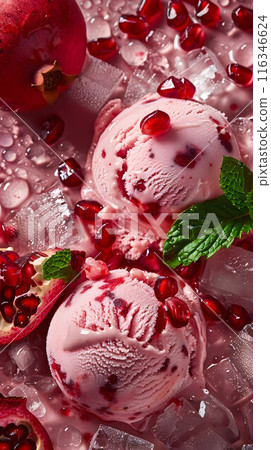 Fruit background with pomegranate seeds in juice, with ice cream balls, ice cubes and mint leaves. 116346624